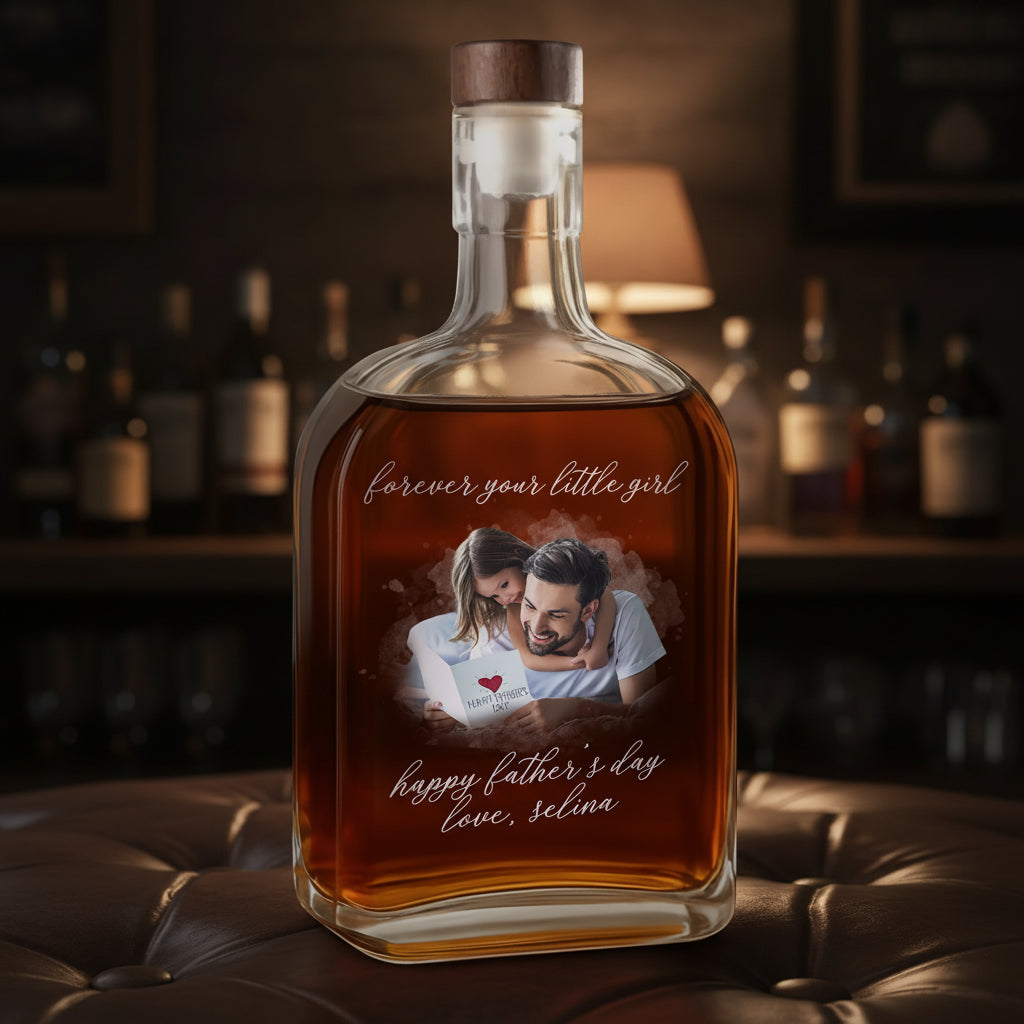 Custom Photo Forever Your Little Girl, Little Boy & Dad Family Whiskey Bottle