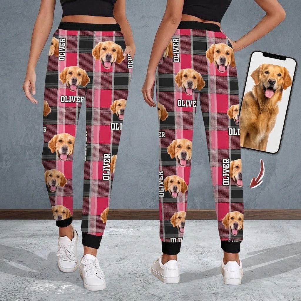 Custom Dog Photo With Plaid Background For Men and Women Sweatpants