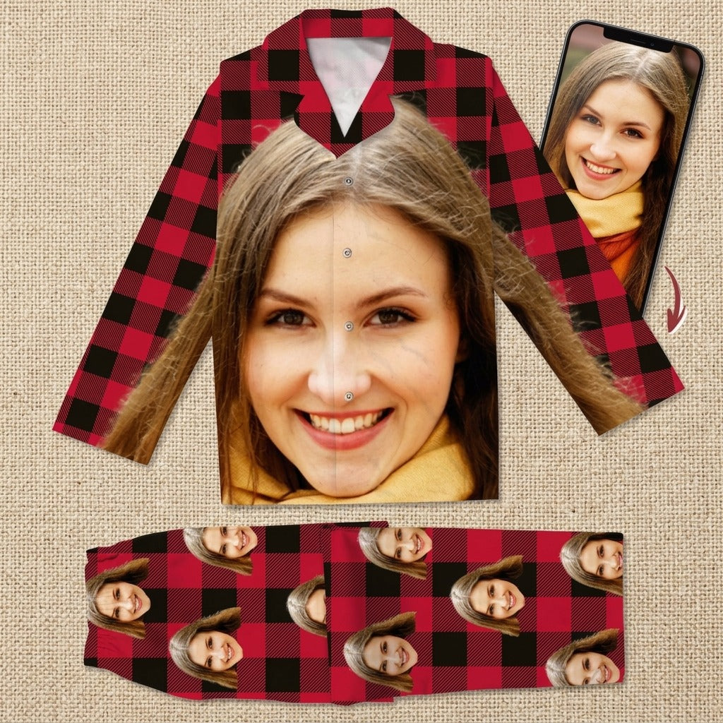 Custom Photo Portrait Face With Christmas Accessories Flannel Pajamas