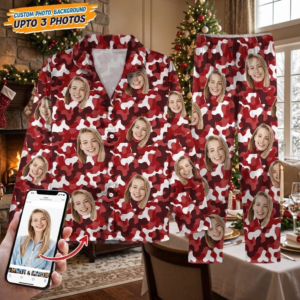 Custom Face Photo Camo Background Pajamas For Christmas Gift