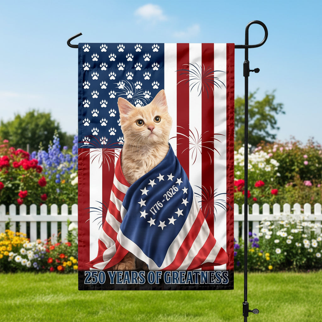 Custom Photo My Dog, Cat Loves America 250 Patriotic Garden Flag