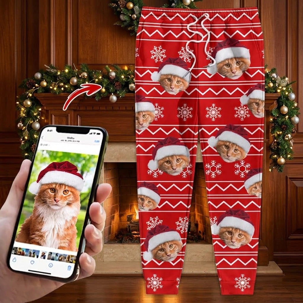 Custom Photo With Christmas Pattern Cat Men and Women's Sweatpants