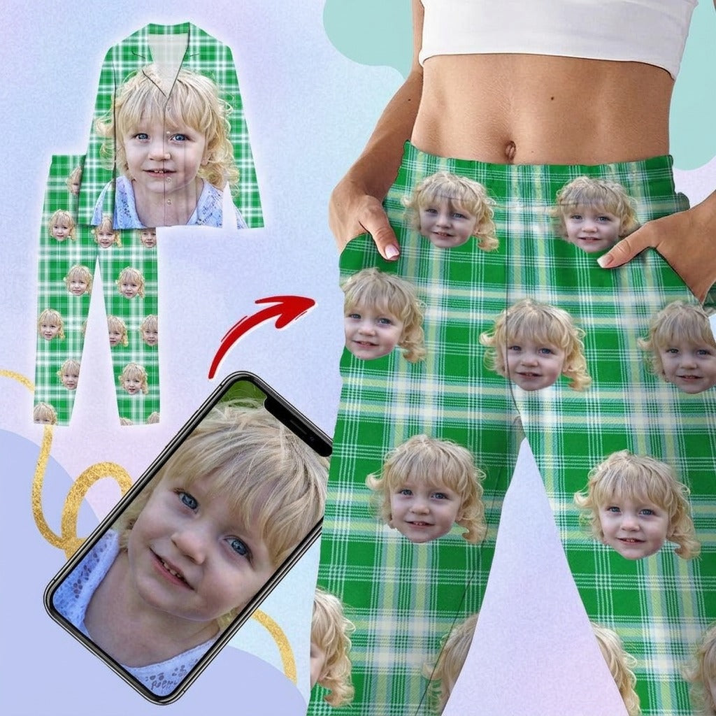 Custom Photo Portrait Face With Christmas Accessories Flannel Pajamas