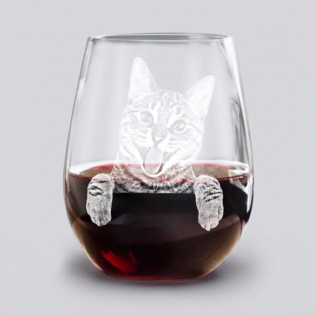 Custom Pet Portrait Photo Engraved Stemless Wine Glass Unique Dog Cat Lovers Gift
