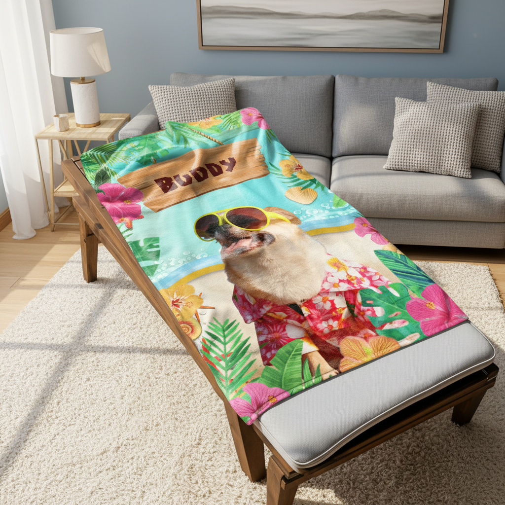 Custom Photo Summertime Bliss With Vibrant Dog Cat Beach Tow