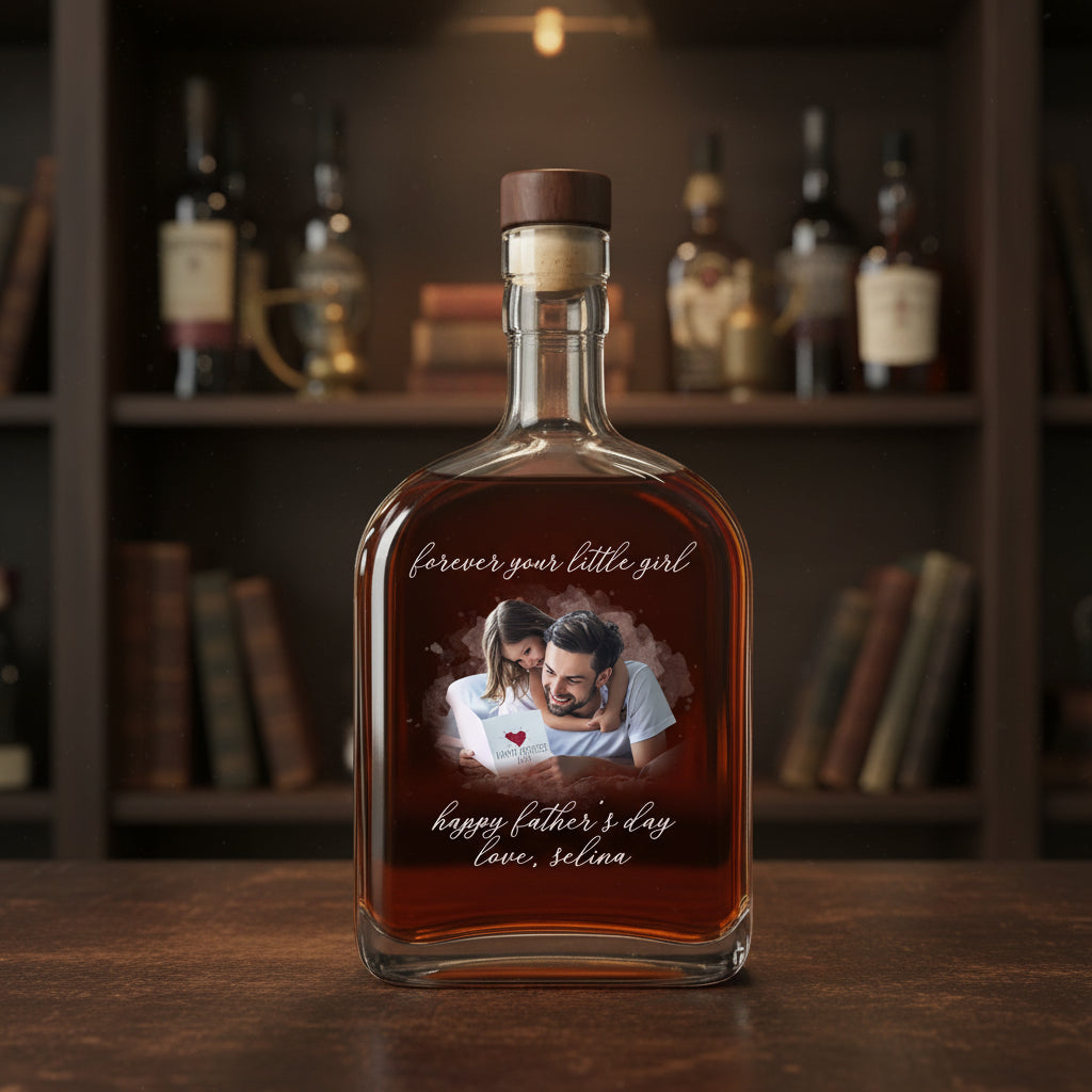 Custom Photo Forever Your Little Girl, Little Boy & Dad Family Whiskey Bottle