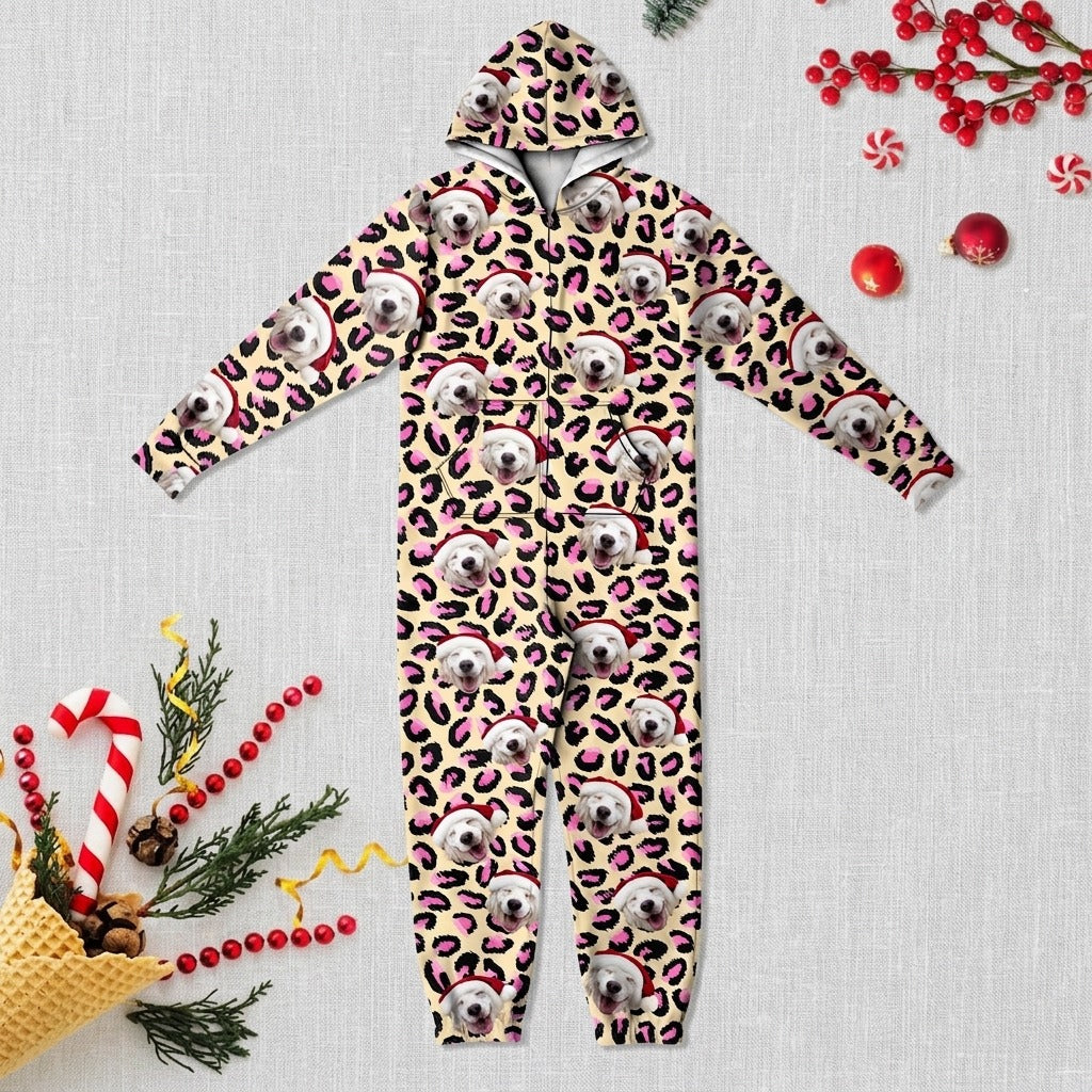 Custom Dog Photo With Leopard Pattern Onesie Pajamas