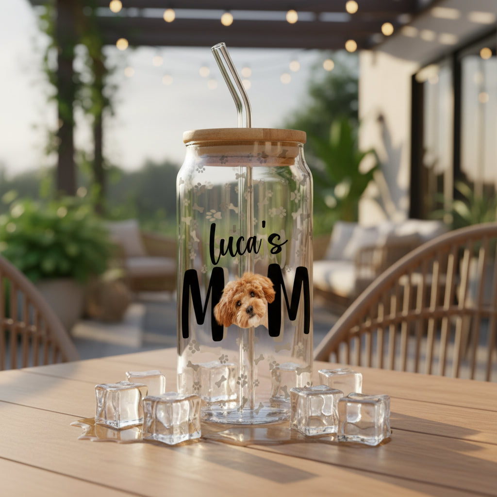 Custom Photo Dog Mom Personalized Glass Can With Lid Gift For Dog Lovers