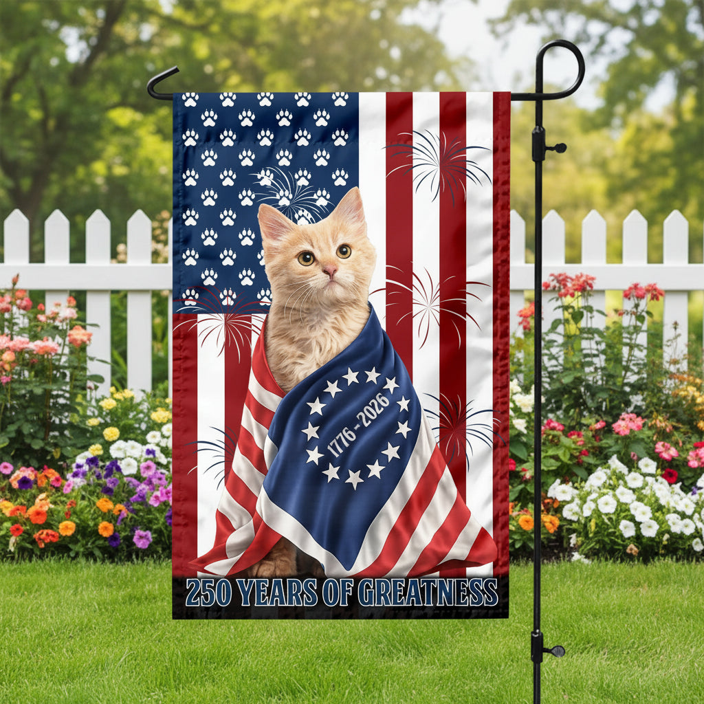 Custom Photo My Dog, Cat Loves America 250 Patriotic Garden Flag
