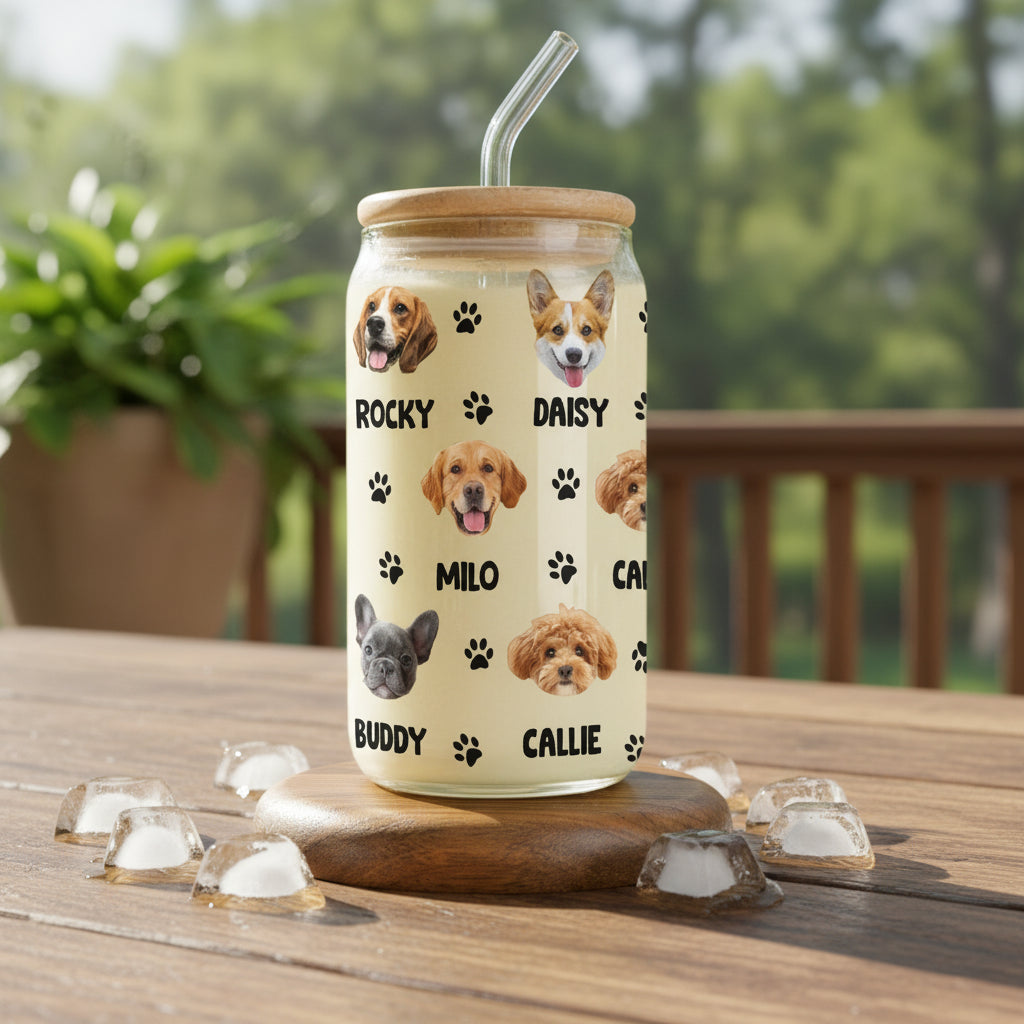 Custom Dog Cat Photo With Bone Icon For Pet Lover Glass Can With Lid