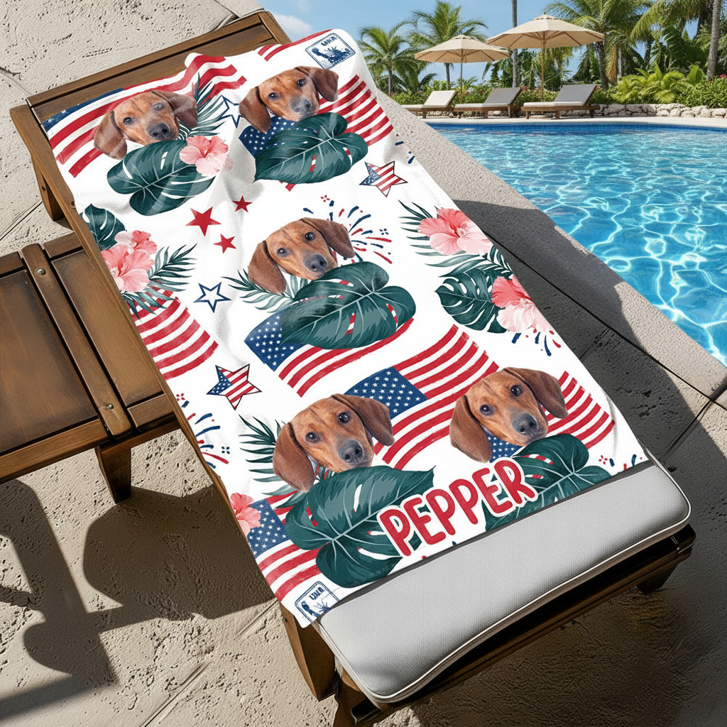 Custom Dog Photo Independence Day Beach Towel CH07
