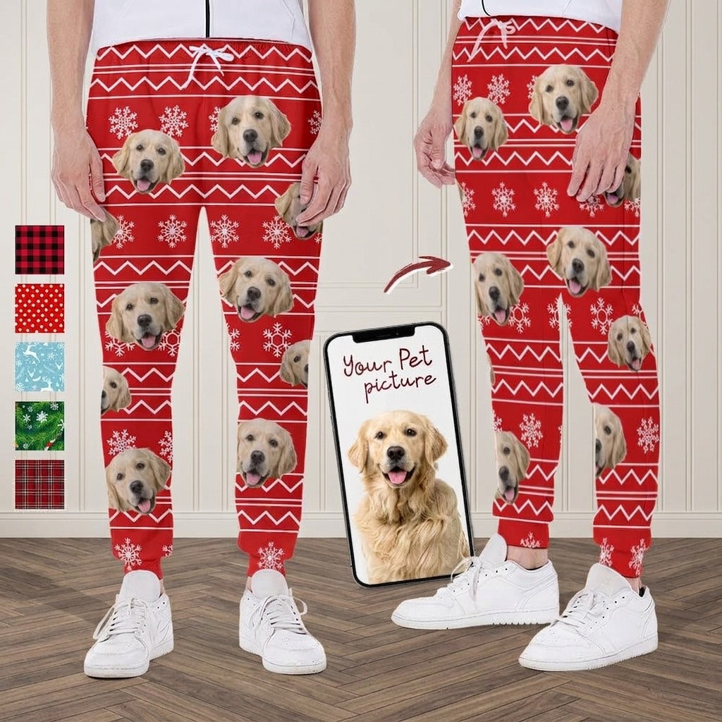 Custom Photo With Christmas Pattern Dog Men and Women's Sweatpants