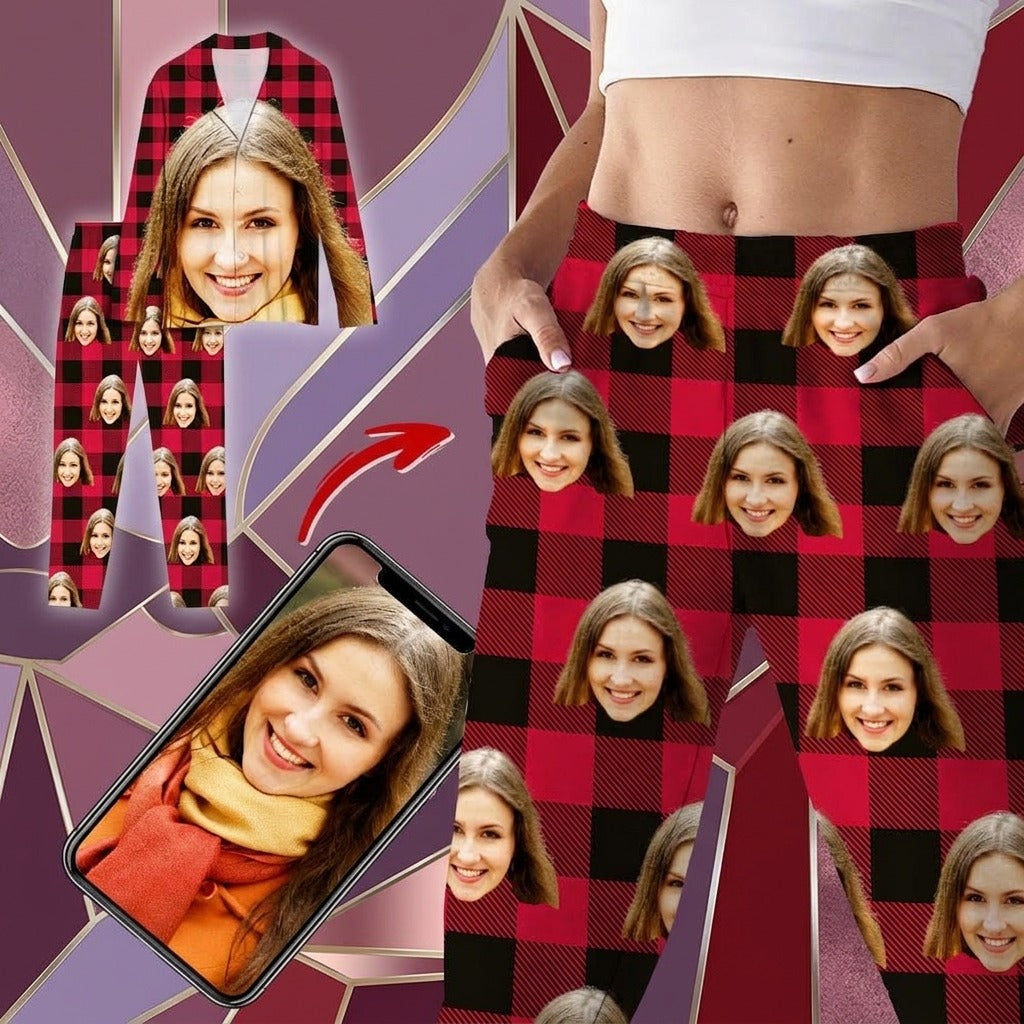Custom Photo Portrait Face With Christmas Accessories Flannel Pajamas