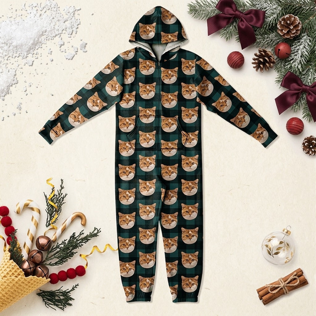 Custom Photo With Christmas Pattern Onesie Pajamas For Cat Lovers