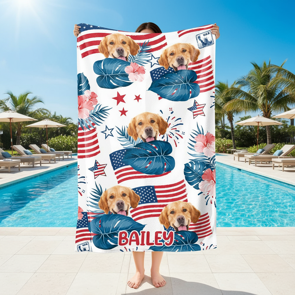 Custom Dog Photo Independence Day Beach Towel CH07