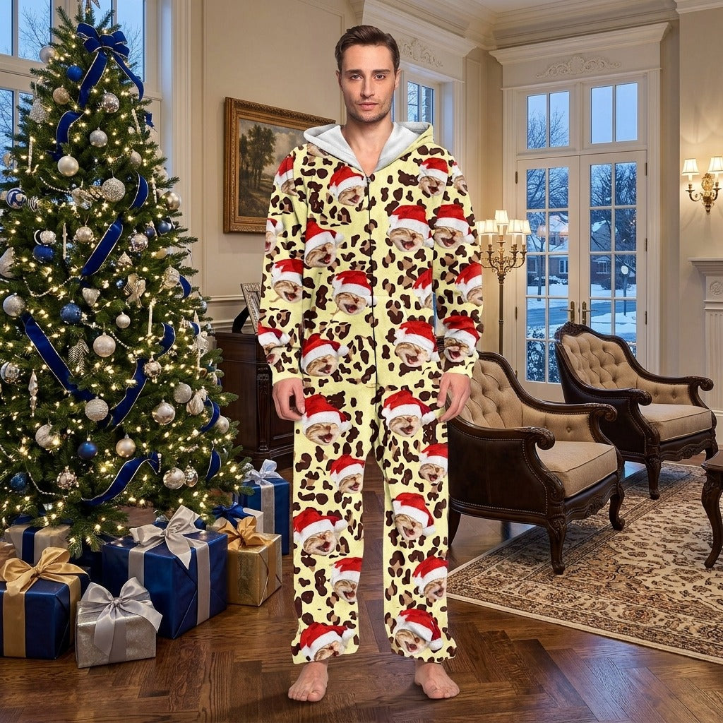 Custom Cat Photo With Leopard Pattern Onesie Pajamas