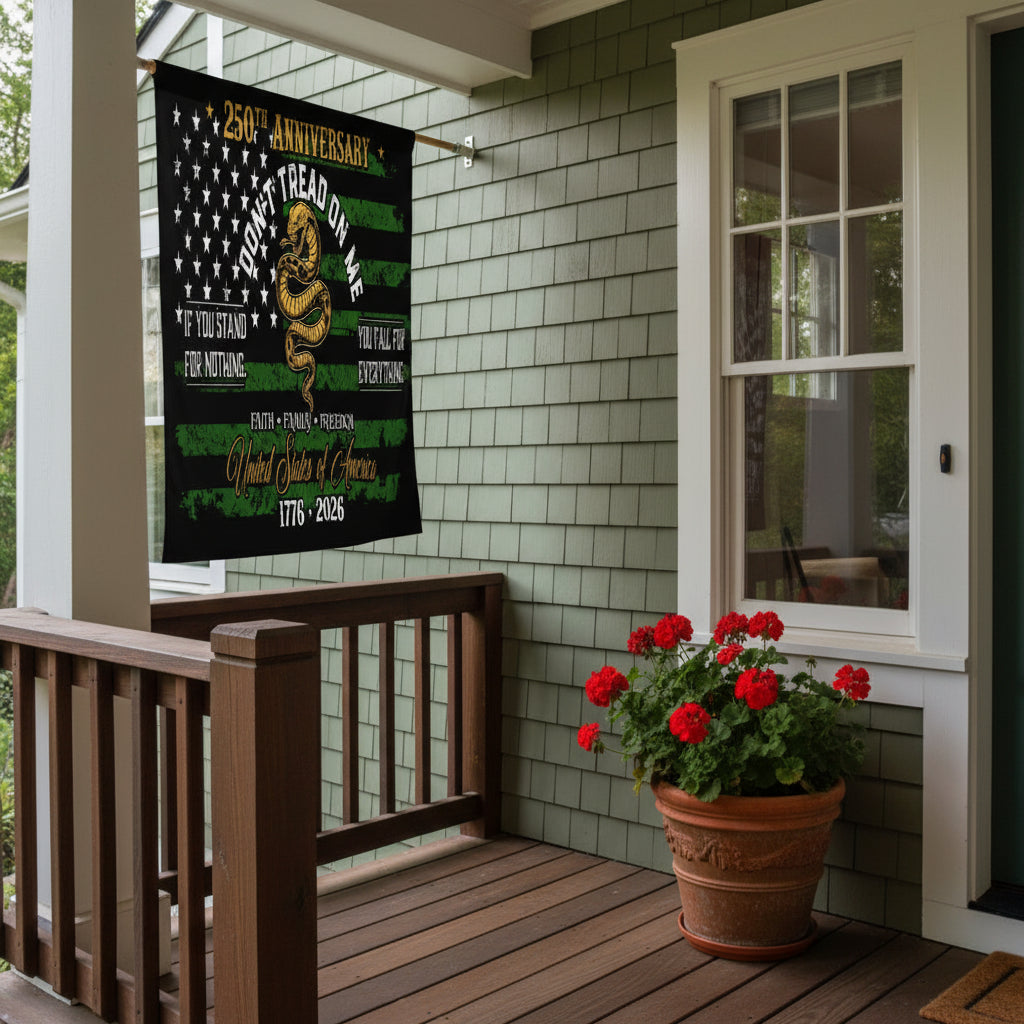 USA 250th Anniversary House Flag – Don't Tread On Me Patriotic Design