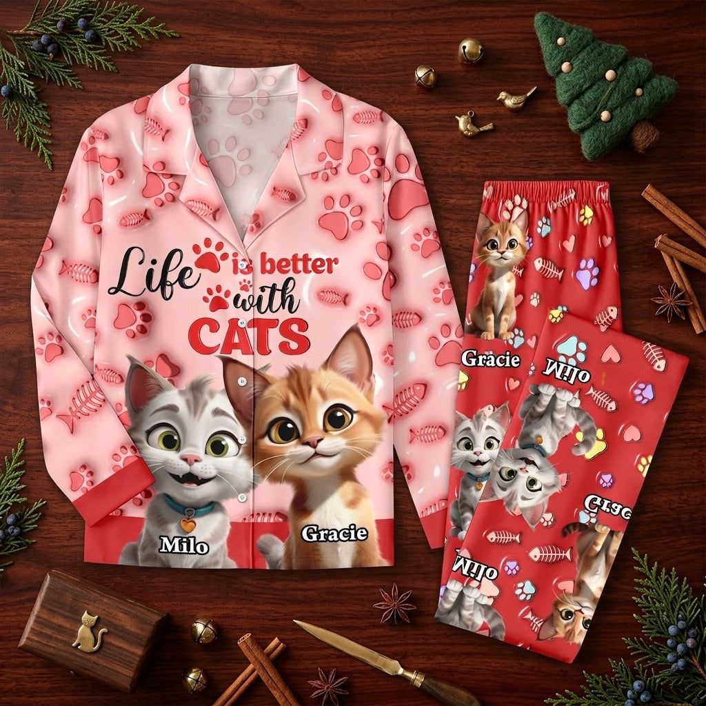 Custom Cat Name Life Is Better With Cats 3D Effect Pajamas