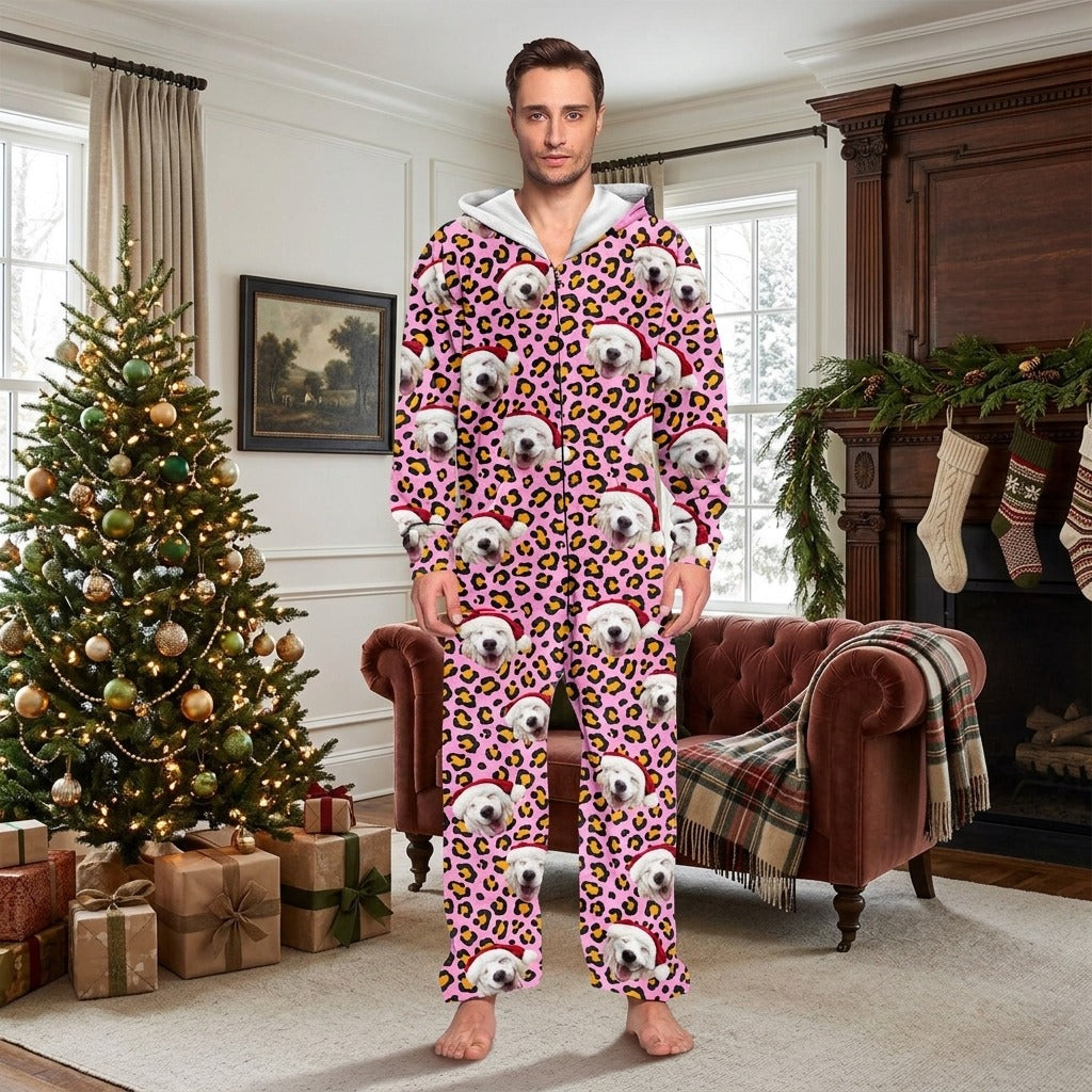 Custom Dog Photo With Leopard Pattern Onesie Pajamas
