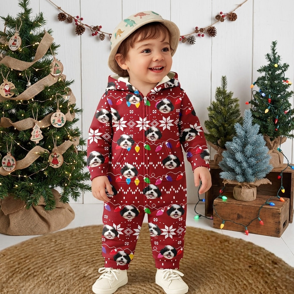 Custom Dog Face Funny Christmas Lights Onesie Pajamas