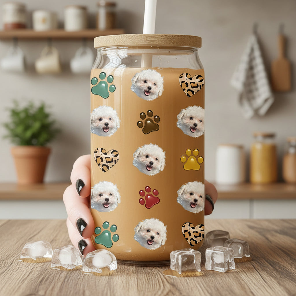 Custom Dog Cat Pet Photo Glass Can With Lid Gift for Pet Lovers