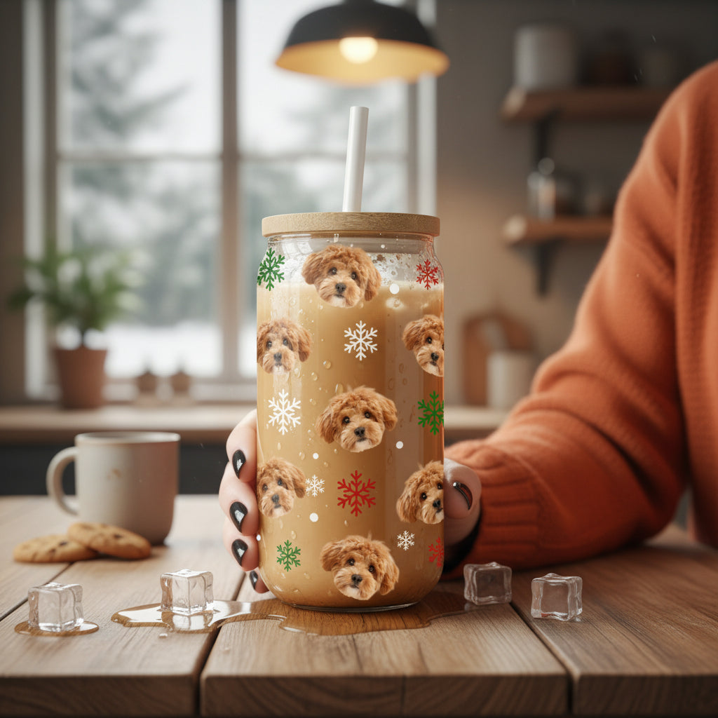Custom Pet Photo Glass Can With Lid Christmas Gift for Pet Lovers