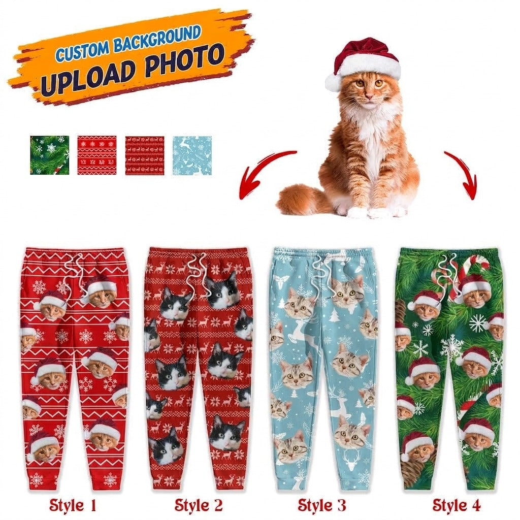 Custom Photo With Christmas Pattern Cat Men and Women's Sweatpants