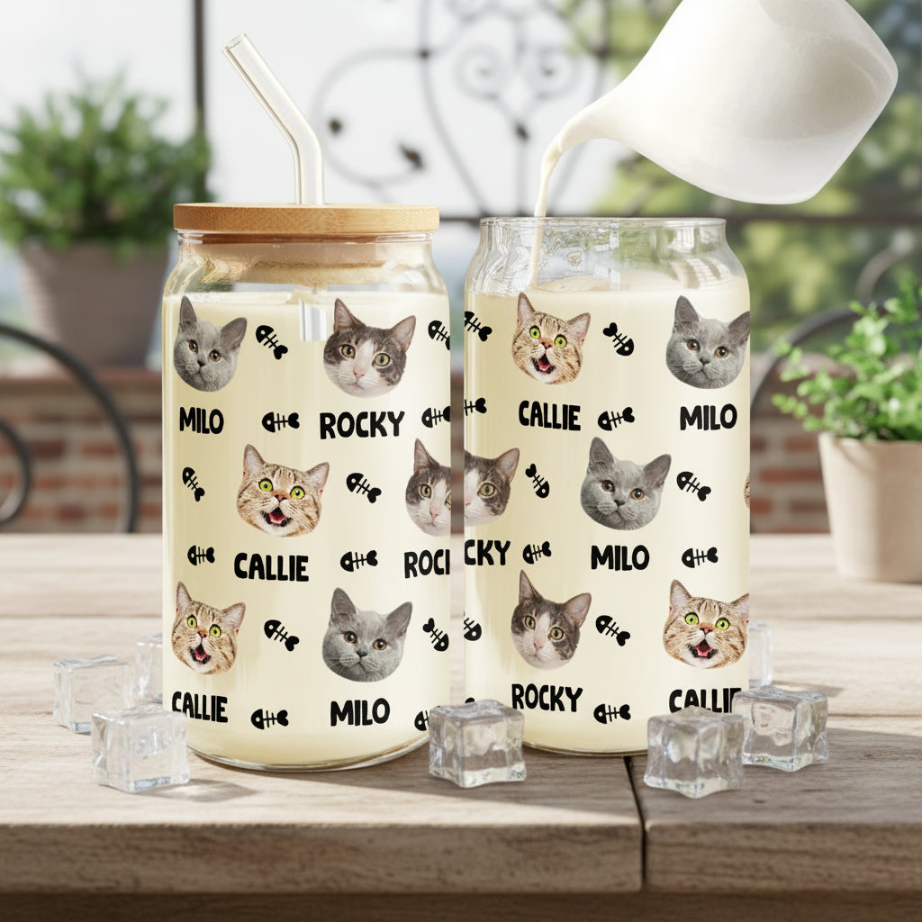 Custom Dog Cat Photo With Bone Icon For Pet Lover Glass Can With Lid