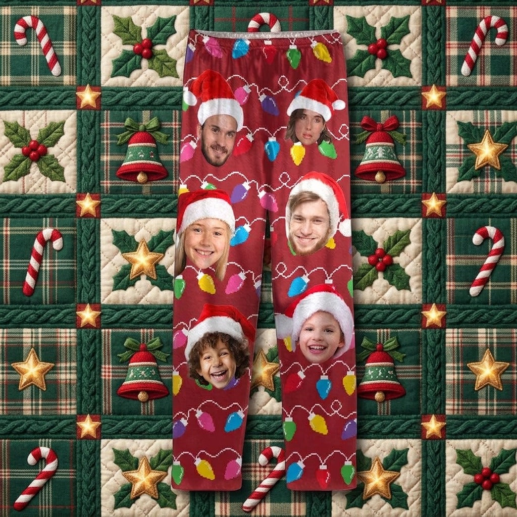 Custom Human Face Photo With Colorful Christmas Lights Pajamas