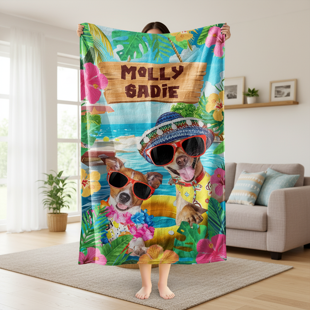 Custom Photo Summertime Bliss With Vibrant Dog Cat Beach Tow