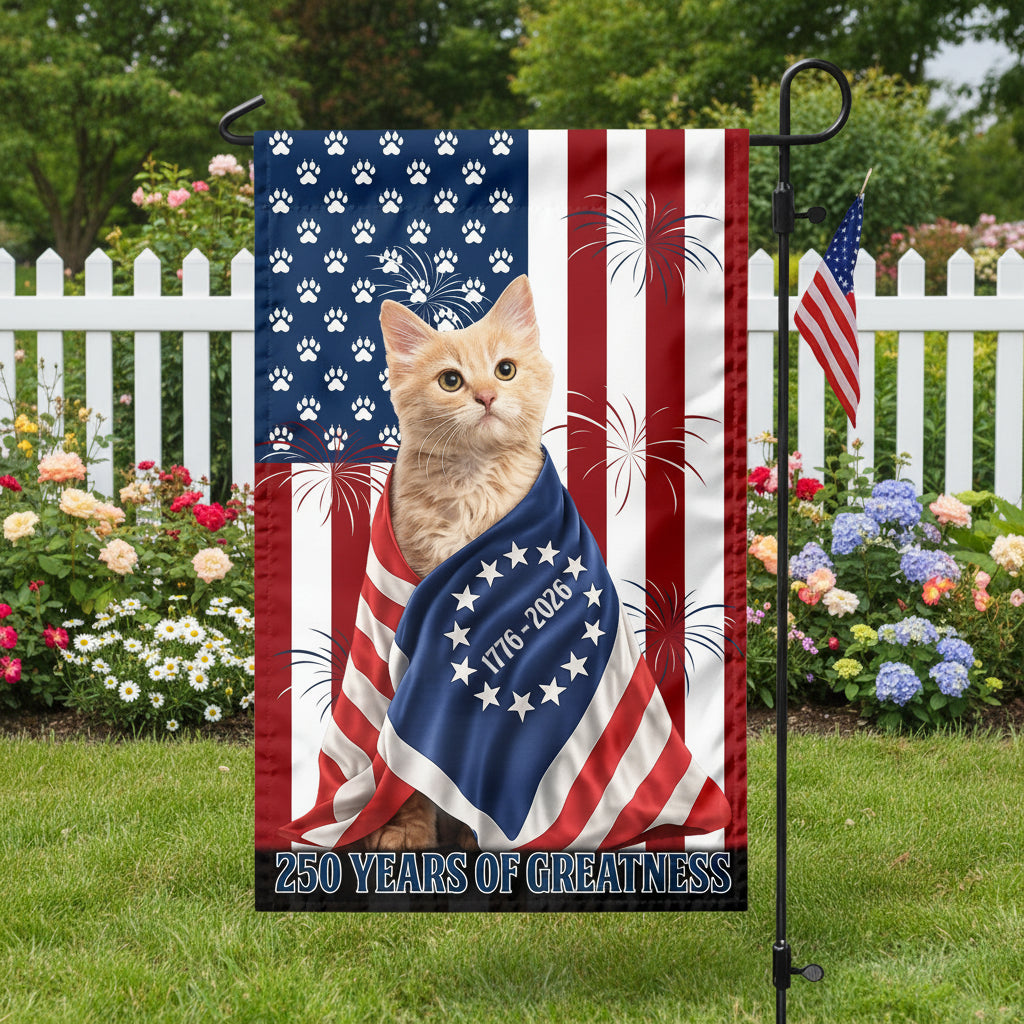 Custom Photo My Dog, Cat Loves America 250 Patriotic Garden Flag