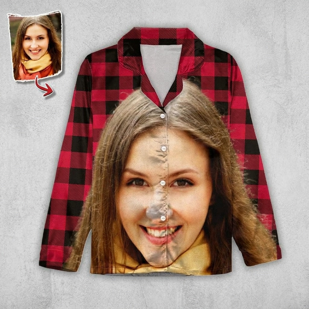 Custom Photo Portrait Face With Christmas Accessories Flannel Pajamas