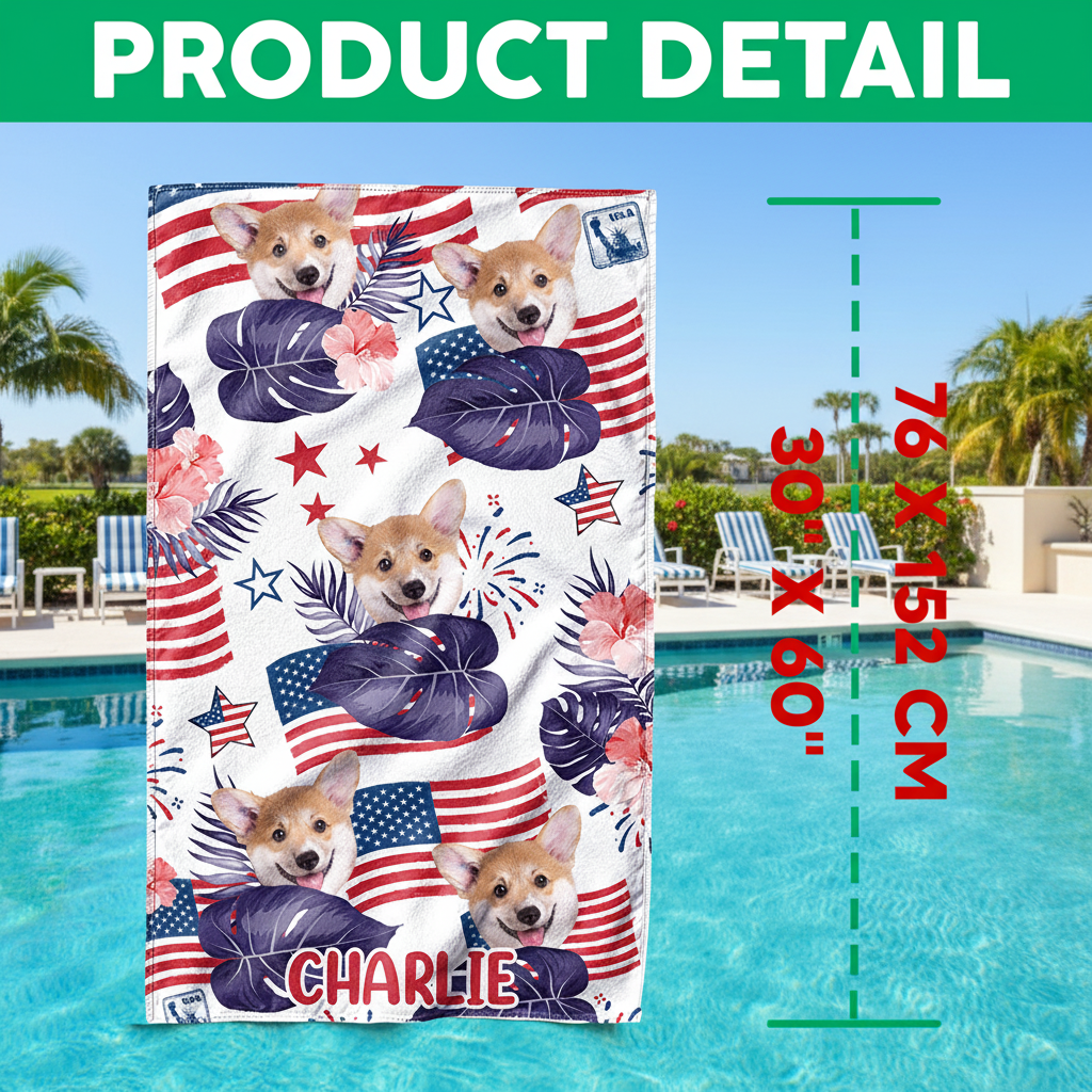 Custom Dog Photo Independence Day Beach Towel CH07