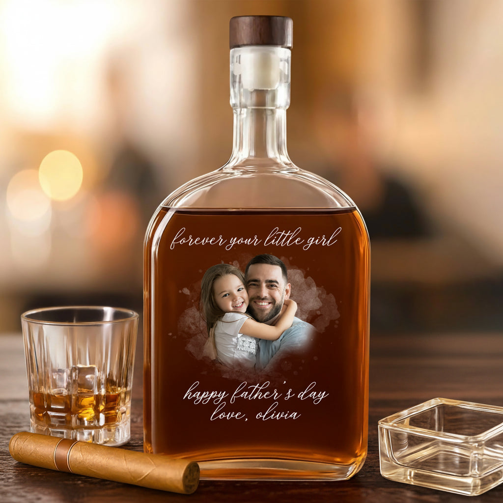 Custom Photo Forever Your Little Girl, Little Boy & Dad Family Whiskey Bottle