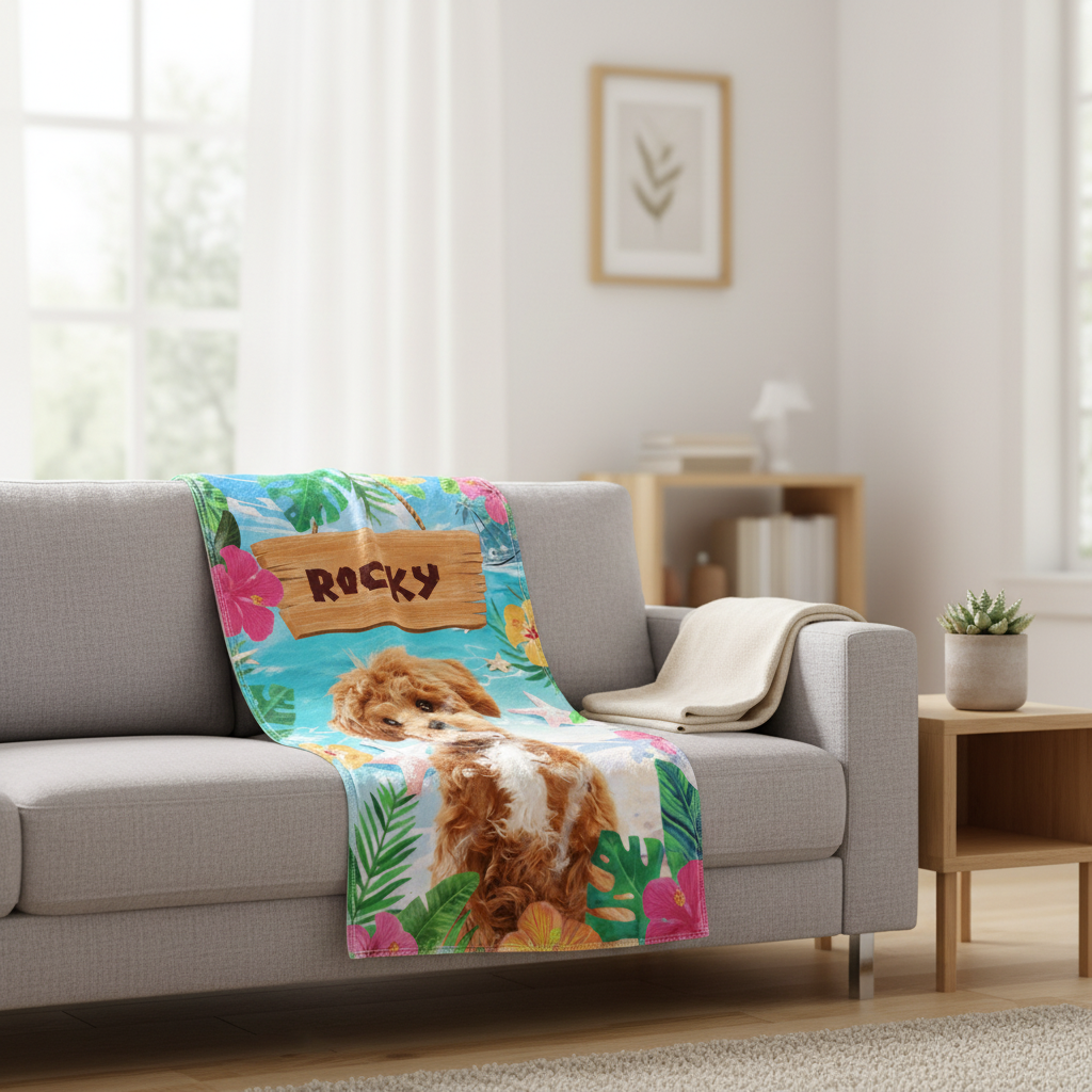 Custom Photo Summertime Bliss With Vibrant Dog Cat Beach Tow