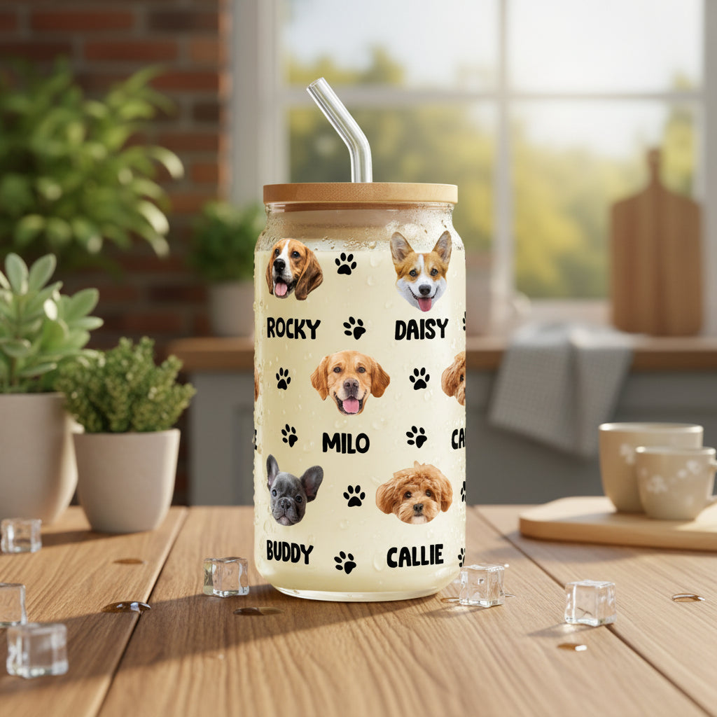 Custom Dog Cat Photo With Bone Icon For Pet Lover Glass Can With Lid