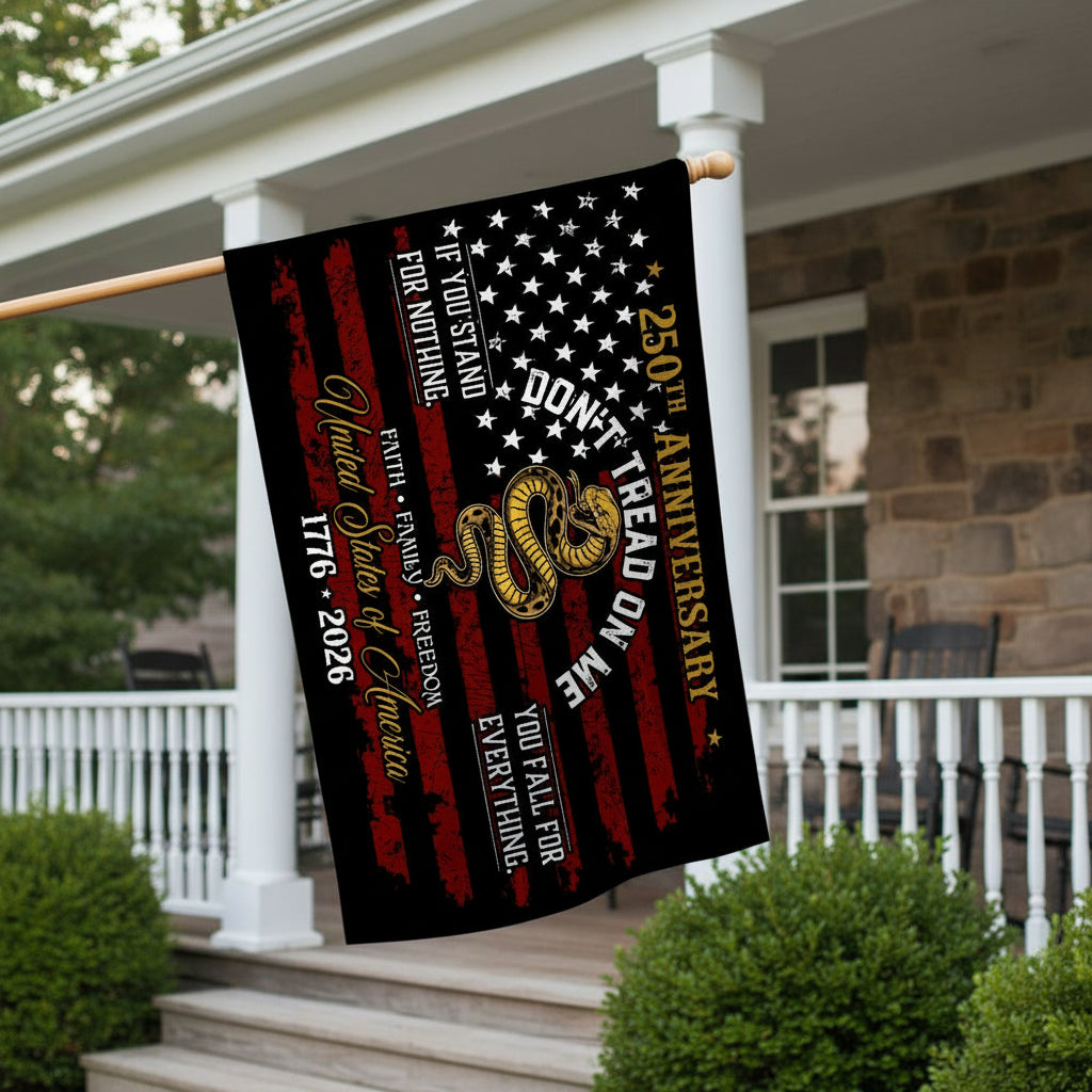 USA 250th Anniversary House Flag – Don't Tread On Me Patriotic Design