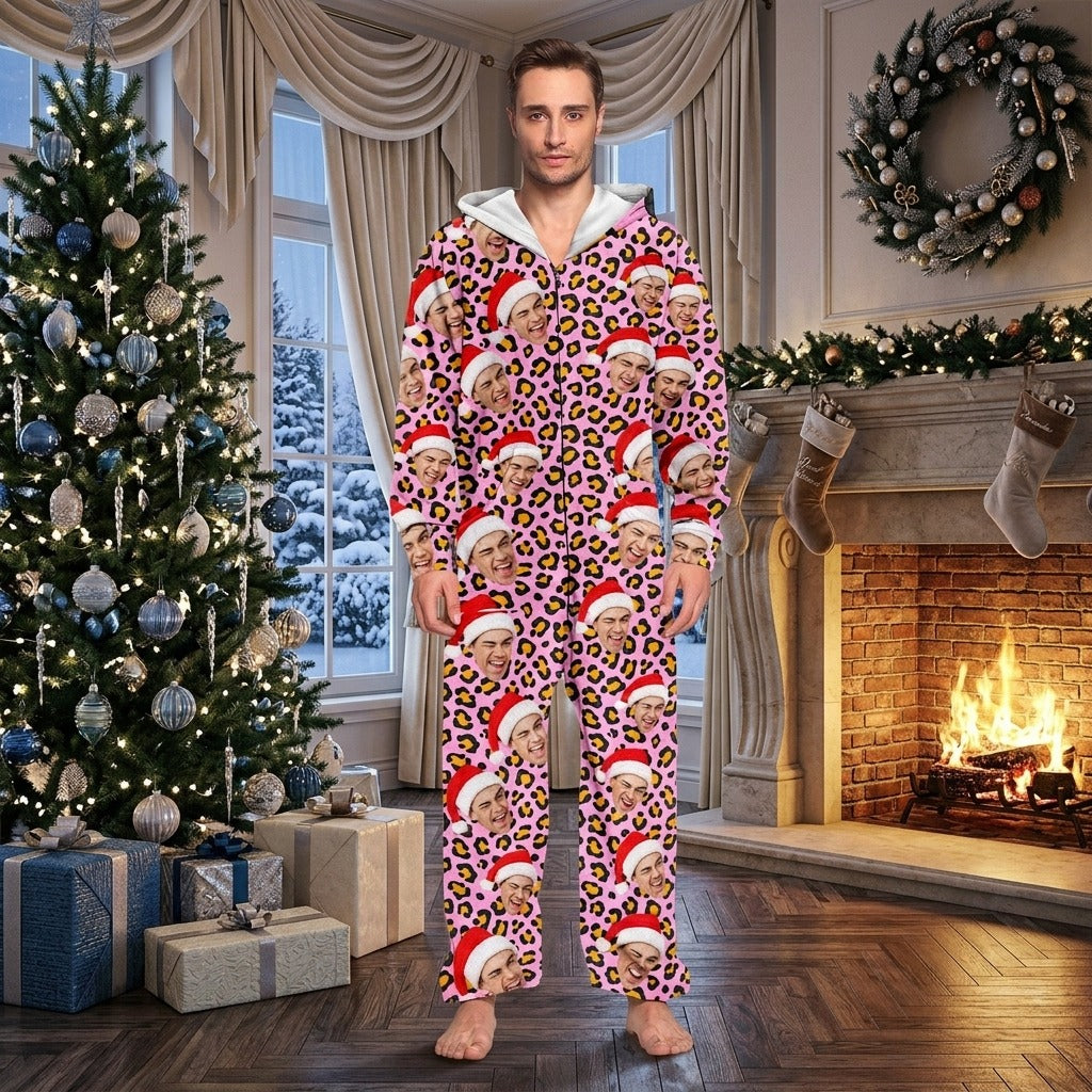 Custom Human Face Photo With Leopard Pattern Onesie Pajamas