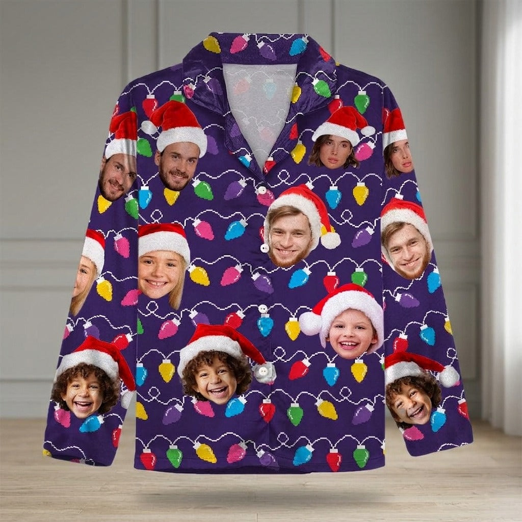 Custom Human Face Photo With Colorful Christmas Lights Pajamas
