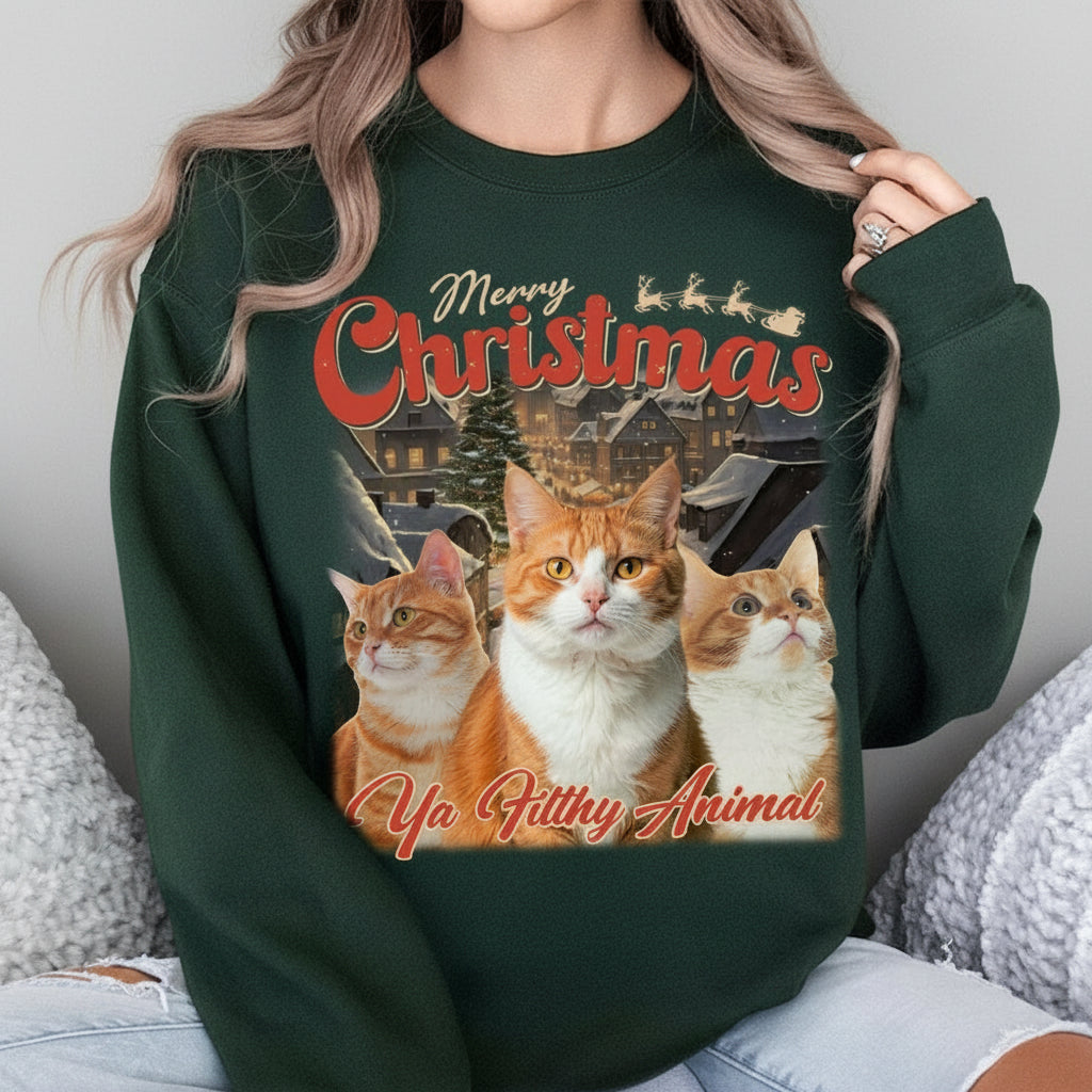 Custom Your Cat Photo Retro Vintage Merry Christmas Sweatshi
