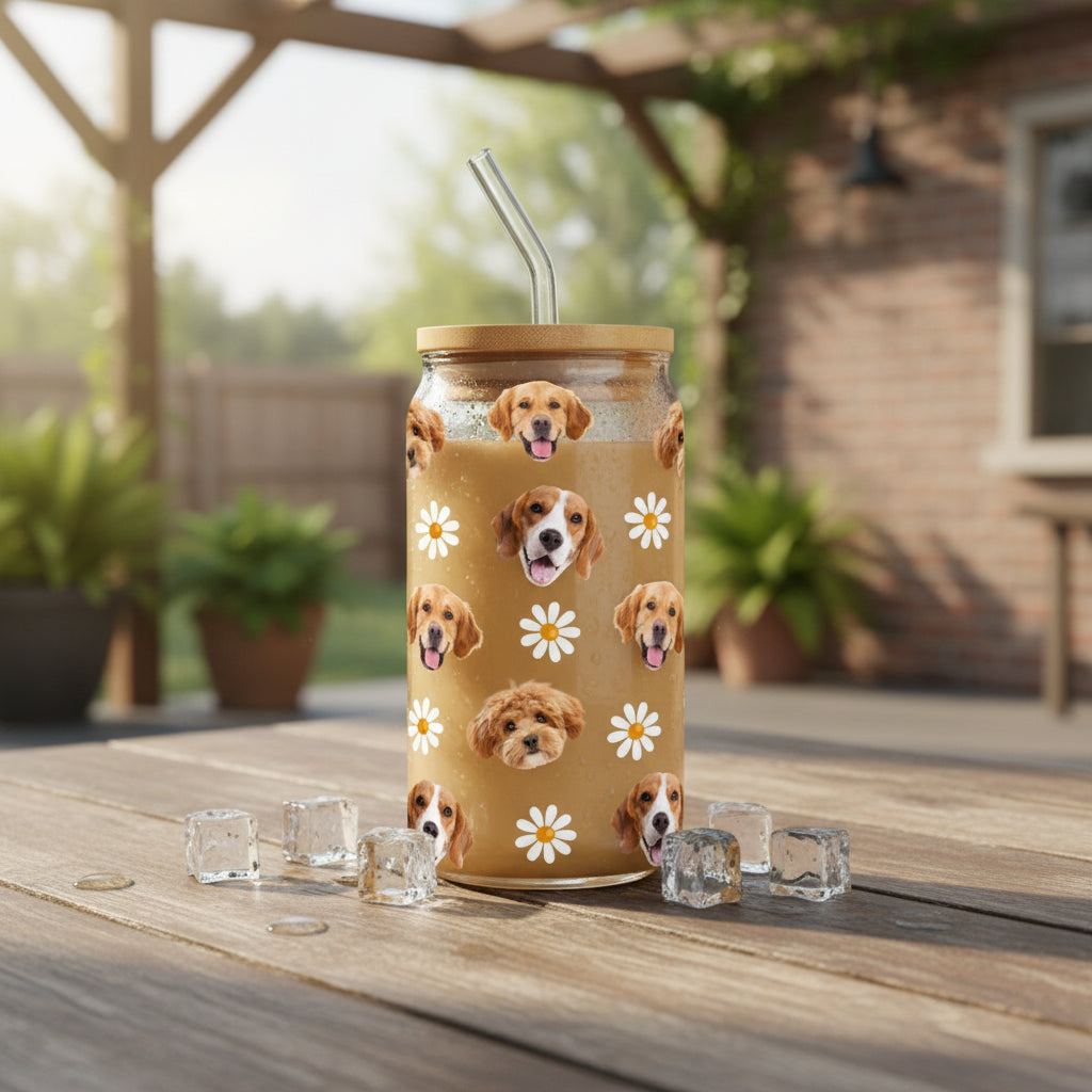 Custom Pet Photo Glass Can With Lid Christmas Gift for Pet Lovers