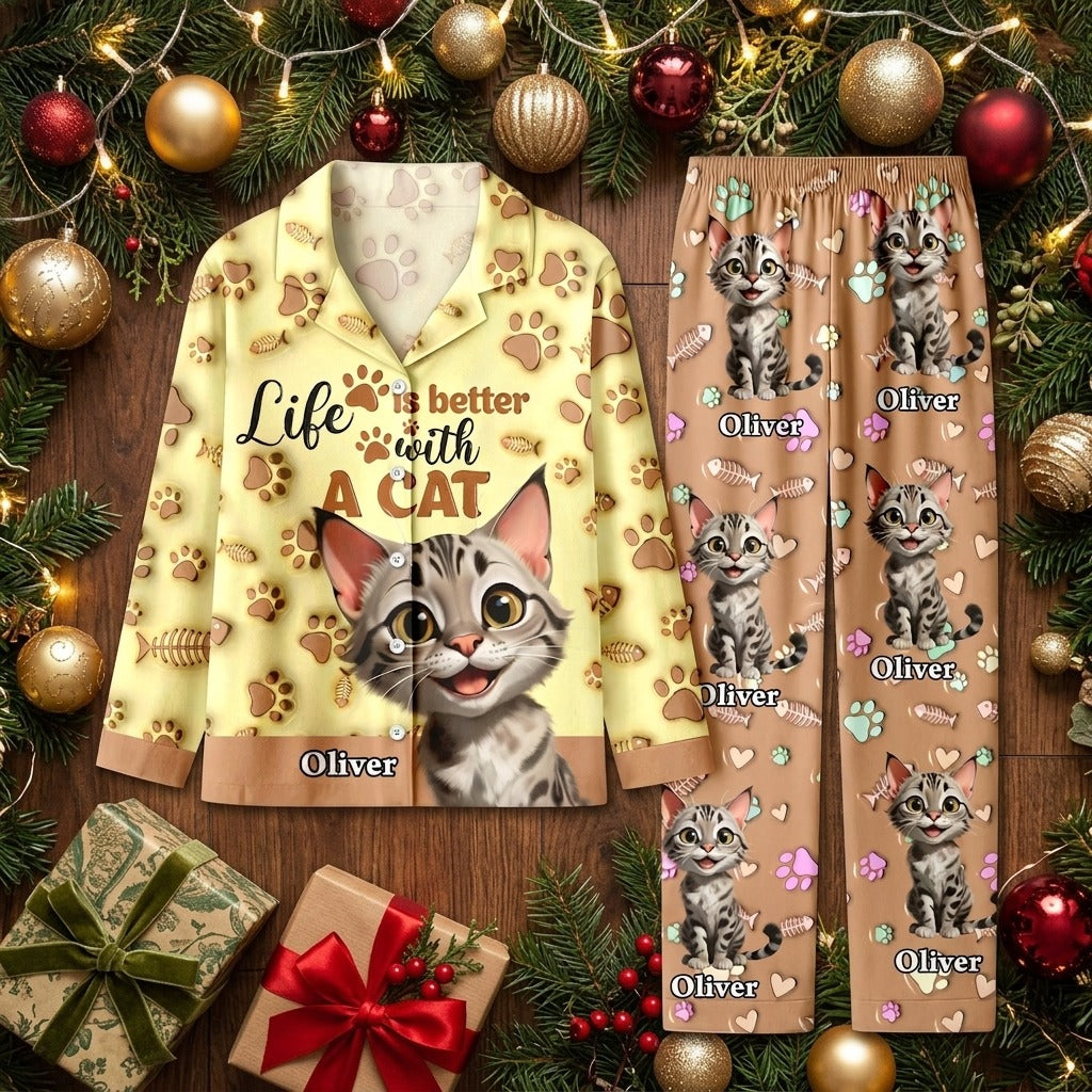 Custom Cat Name Life Is Better With Cats 3D Effect Pajamas