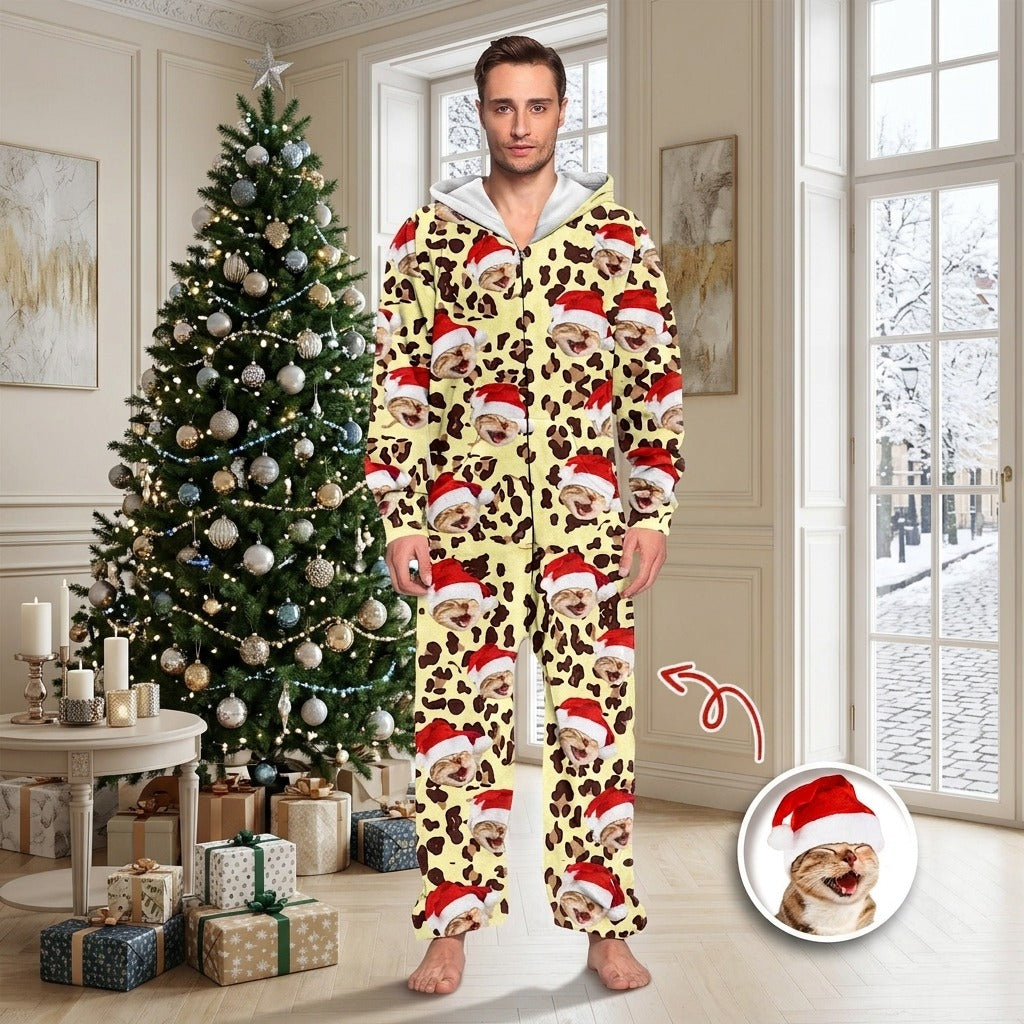 Custom Cat Photo With Leopard Pattern Onesie Pajamas