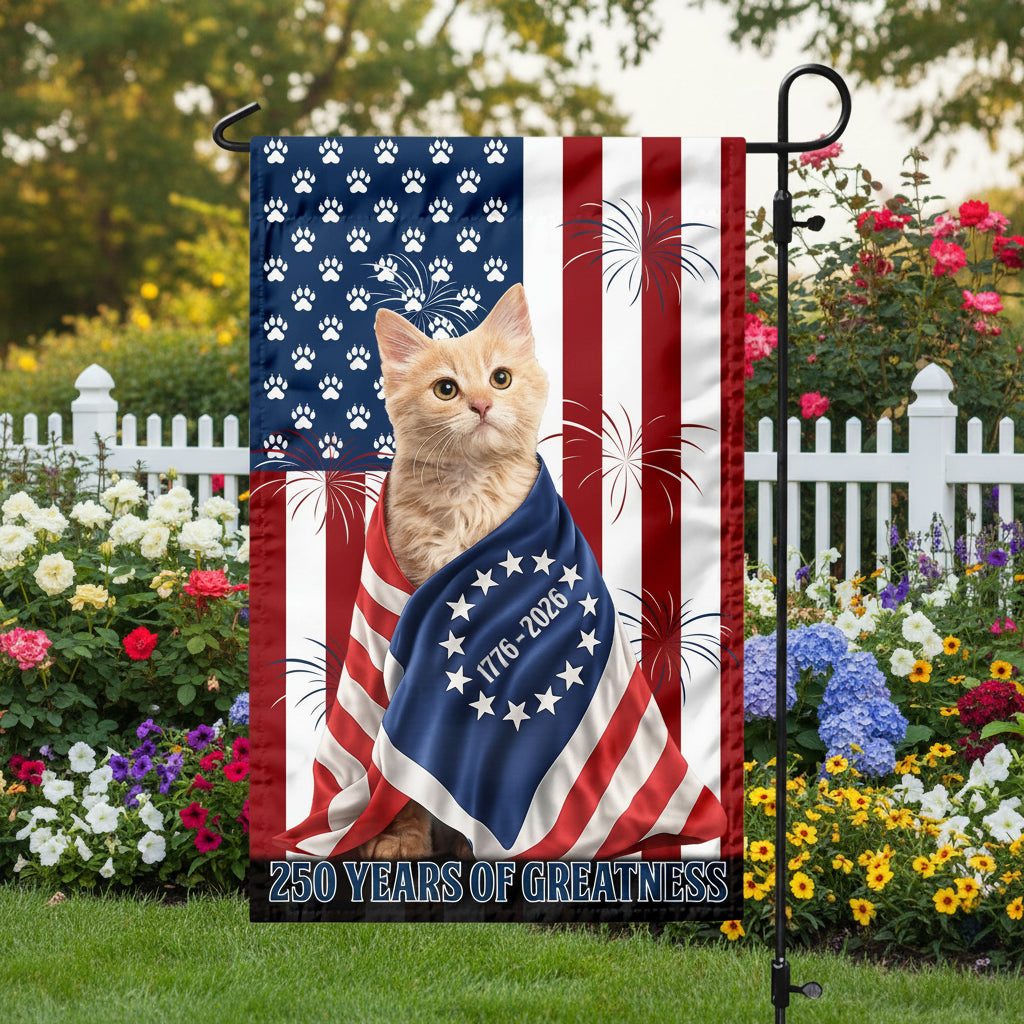 Custom Photo My Dog, Cat Loves America 250 Patriotic Garden Flag