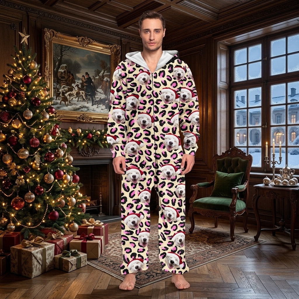 Custom Dog Photo With Leopard Pattern Onesie Pajamas