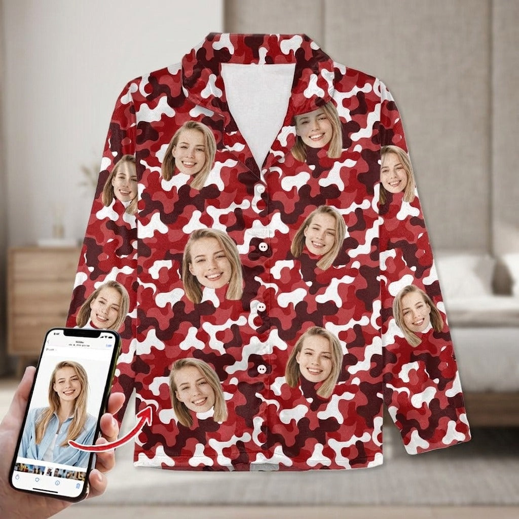 Custom Face Photo Camo Background Pajamas For Christmas Gift