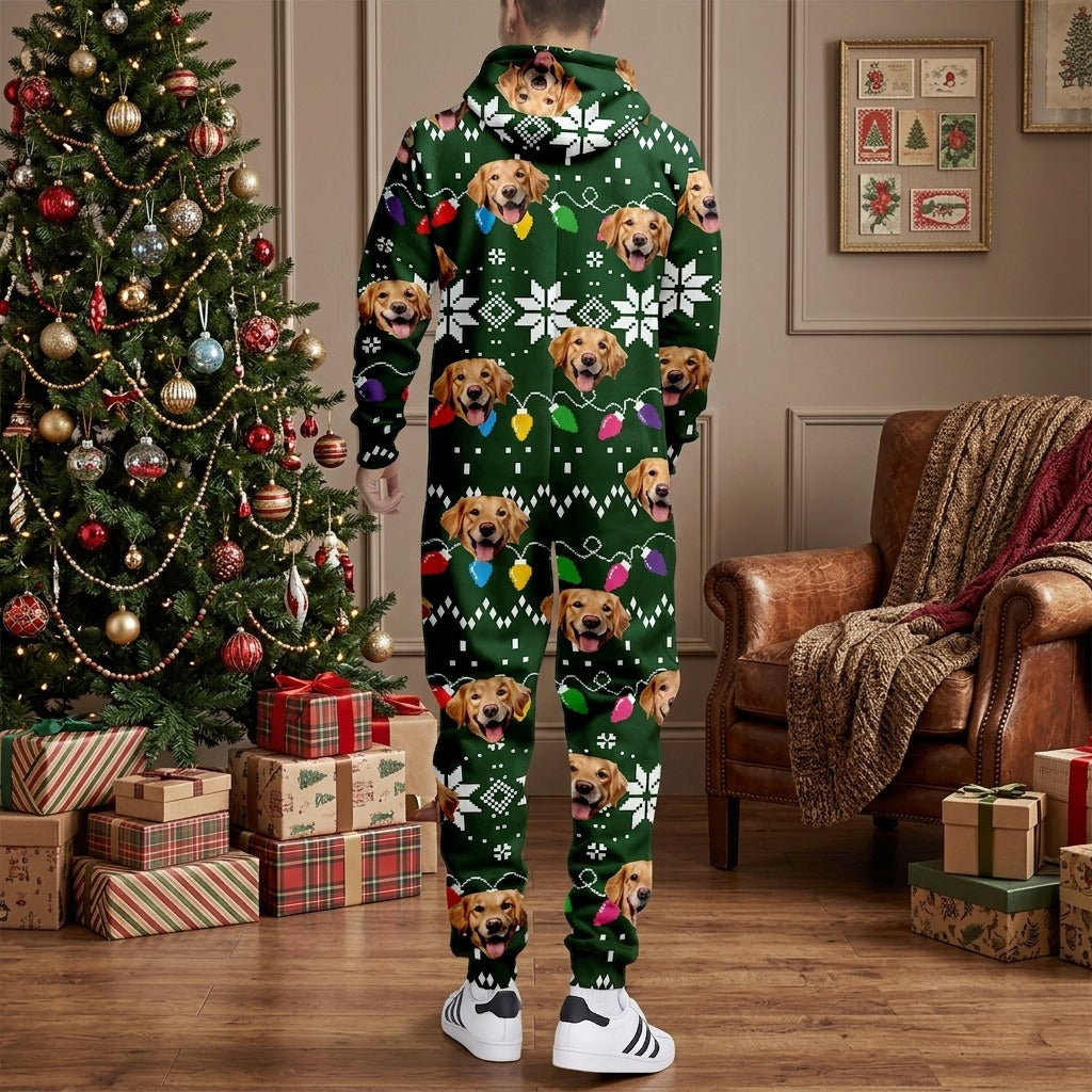 Custom Dog Face Funny Christmas Lights Onesie Pajamas