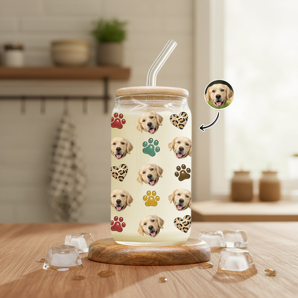 Custom Dog Cat Pet Photo Glass Can With Lid Gift for Pet Lovers