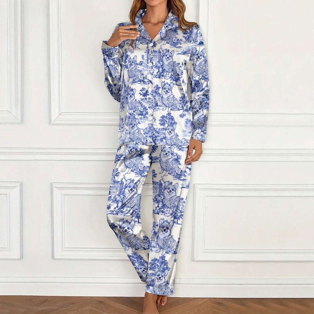 Custom Dog Breeds Chinoiserie Toile De Jouy Style Personalized Satin Pajamas