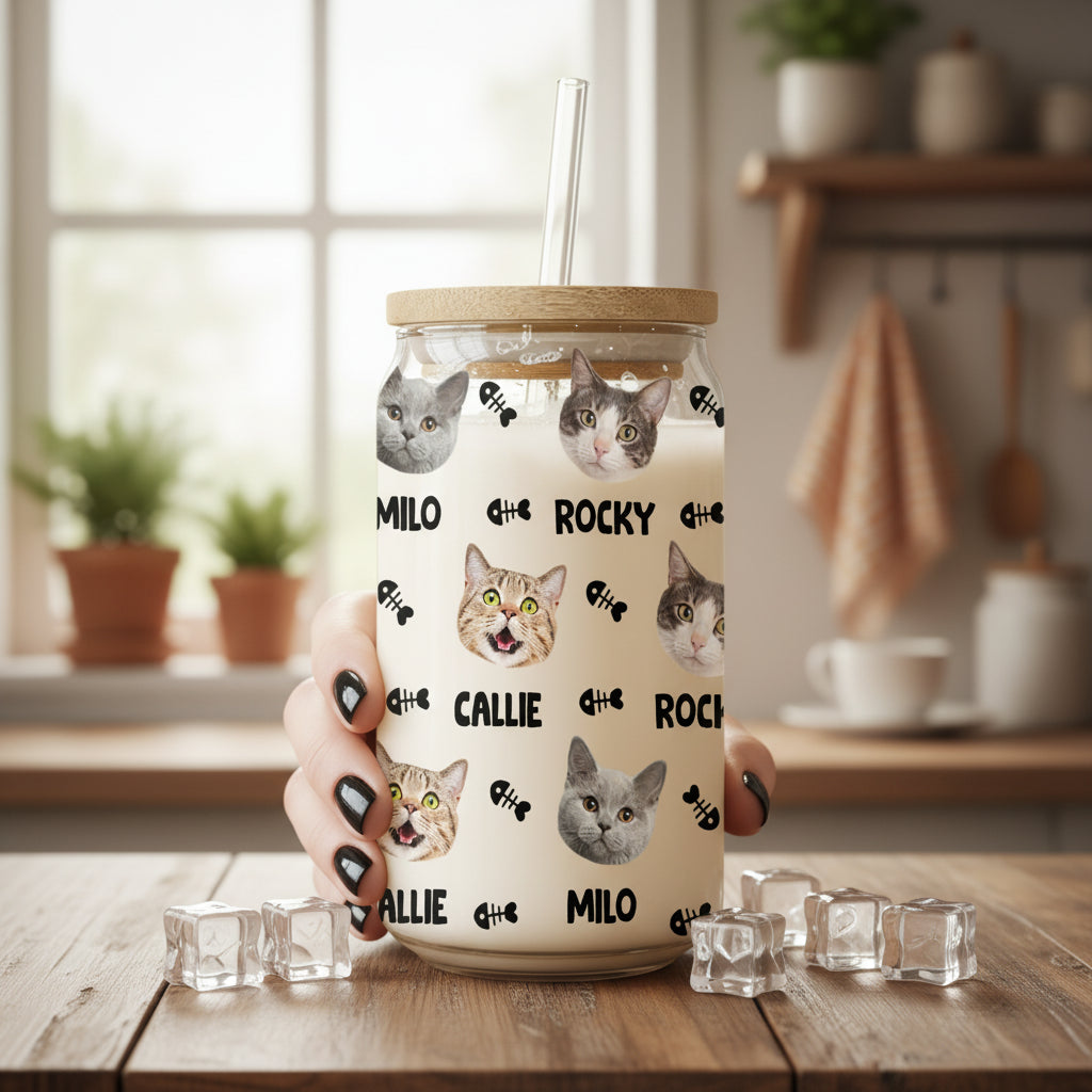 Custom Dog Cat Photo With Bone Icon For Pet Lover Glass Can With Lid